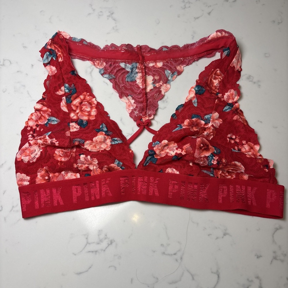 Victoria's Secret PINK Lace Bralette Red Floral‎ Lace In Back Sz MED EUC